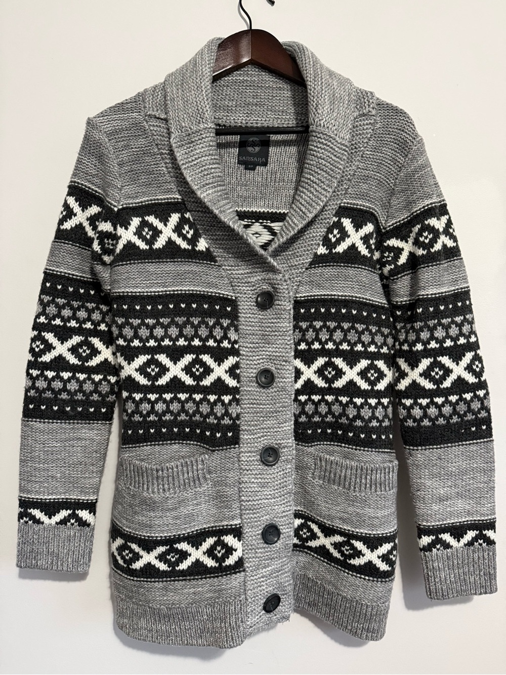 Gray Shawl Collar Cardigan with Black & White Fair Isle Pattern